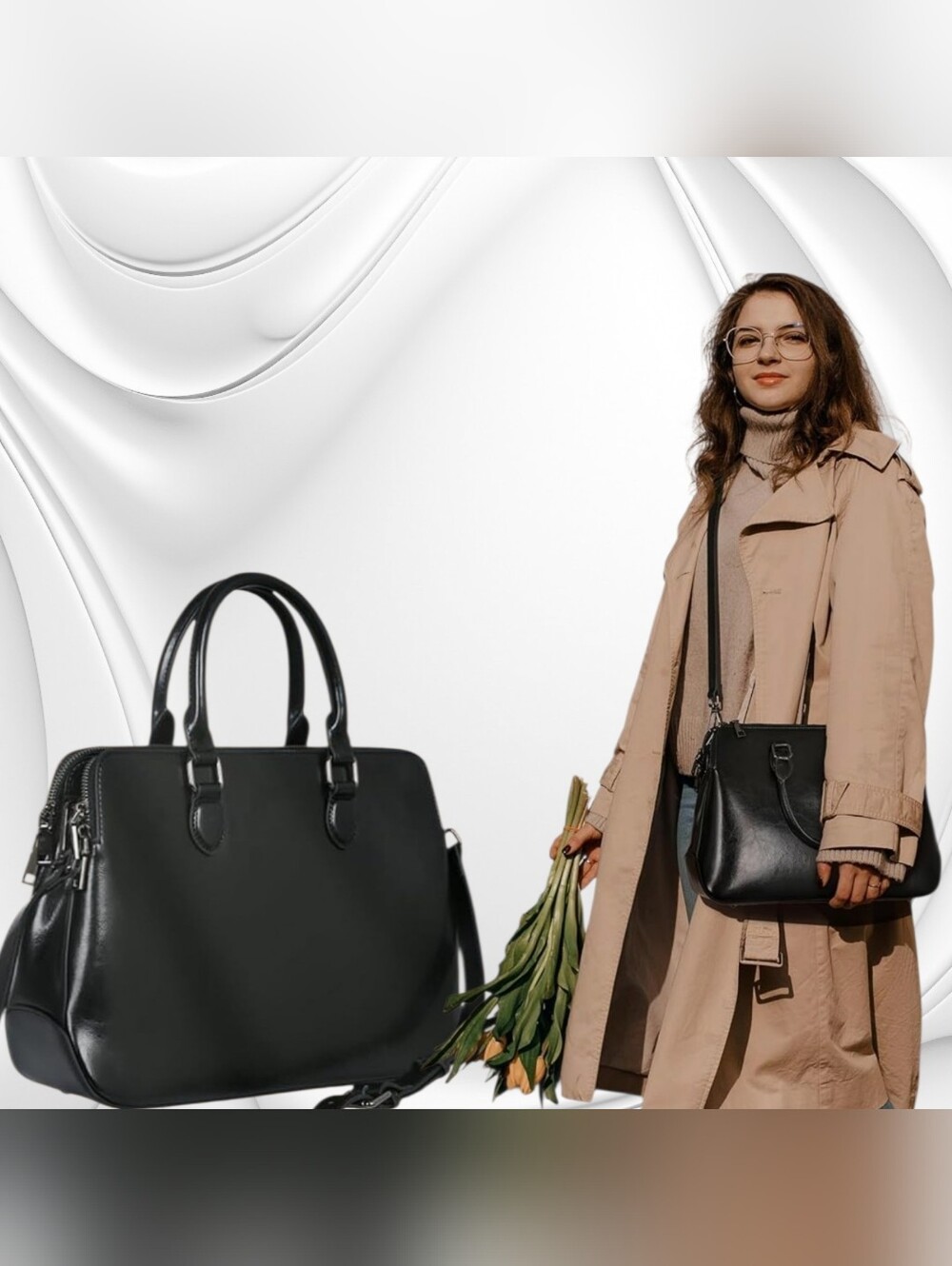 Women’s Black Leather Tote and Crossbody Bag - Classic Everyday Style
